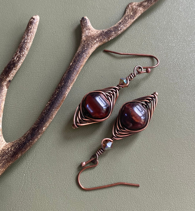 Jasper Earrings, Brecciated Red Jasper dangle earrings in Antiqued Copper Wire, Wire Wrapped Herringbone Jasper dangle earrings