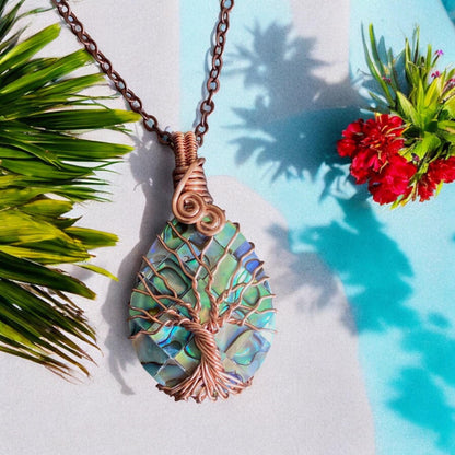 Frameless Abalone Necklace, Wire Wrapped Abalone Pendant,Abalone Tree of Life Necklace  Leather,Abalone Necklace Copper,Paua Shell Jewelry