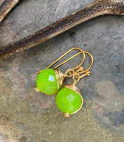 Jade Earrings in Gold, Wire Wrapped Lime green color Jade Earrings,Wire Wrapped dangle  Earrings  Wire wrapped Jade Earrings,