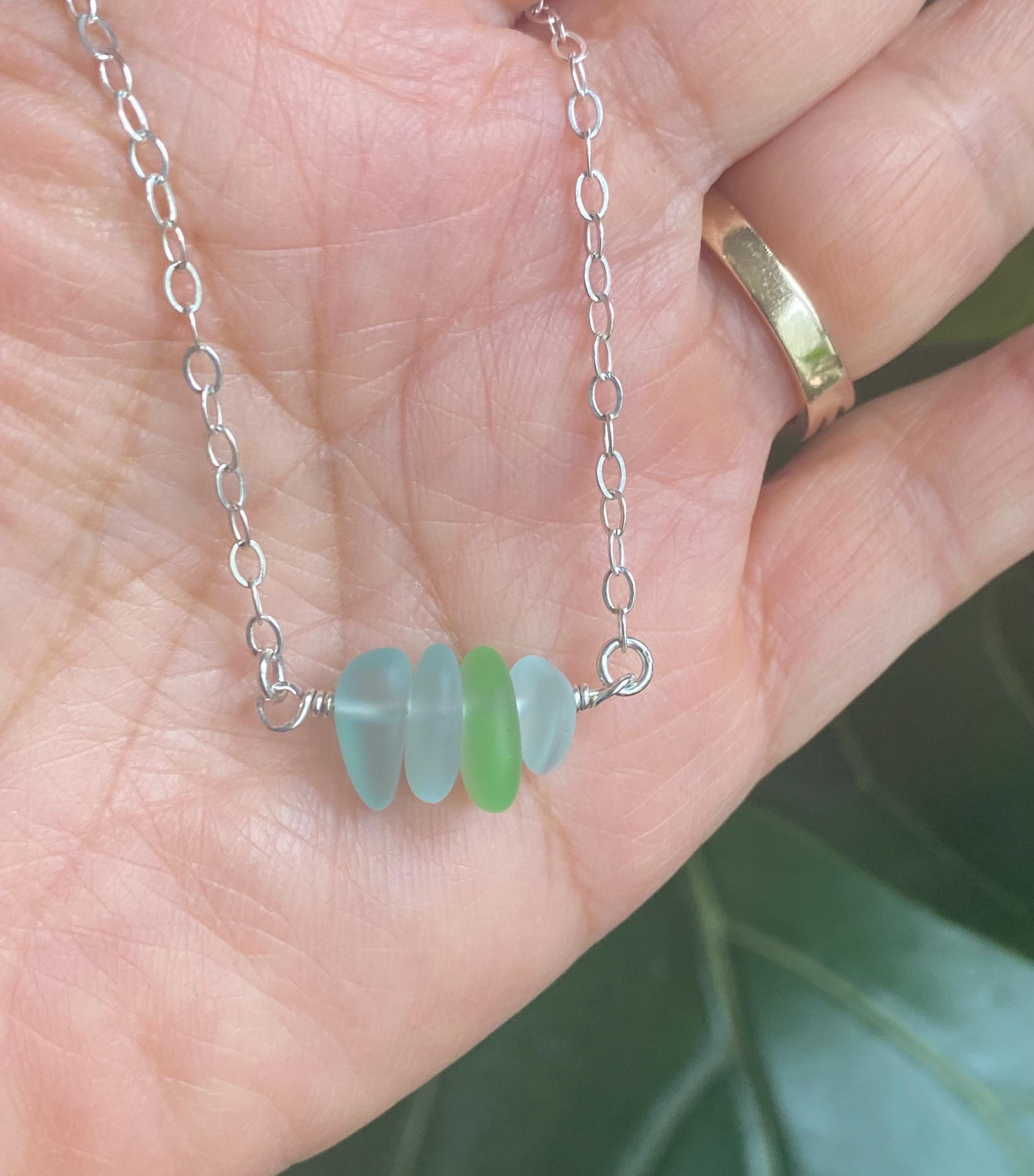 Sea Glass Necklace Beach Style Pendant with Sterling Silver Chain, Minimalist Design Ocean Light Weight Bohemian Necklace, Choose Colors
