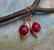 Jade Earrings in Copper, Wire Wrapped Earrings, Red Jade Herringbone Dangle Earrings in Copper, Red Jade Copper Earrings,