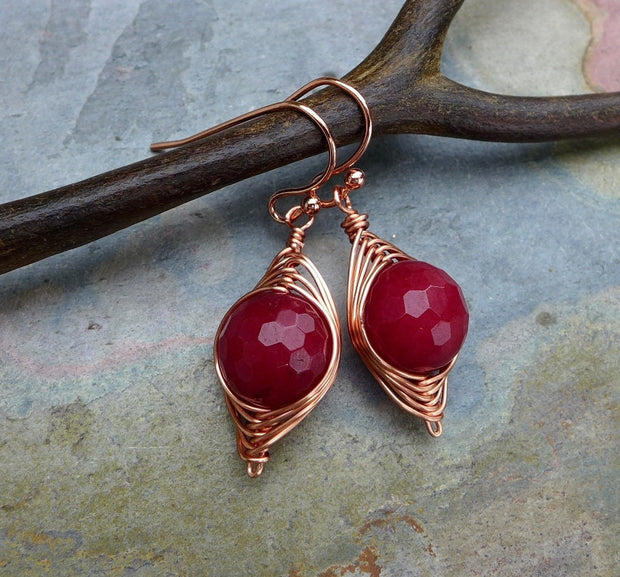 Jade Earrings in Copper, Wire Wrapped Earrings, Red Jade Herringbone Dangle Earrings in Copper, Red Jade Copper Earrings,