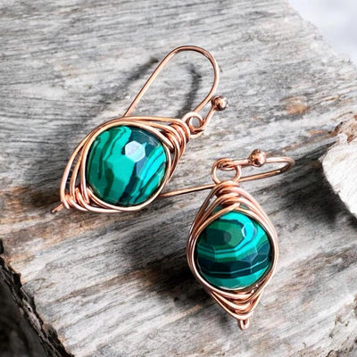 Handmade Green Malachite Earrings, Wire Wrapped Malachite Dangling Earrings in Natural Copper, Green Malachite Copper Jewelry,