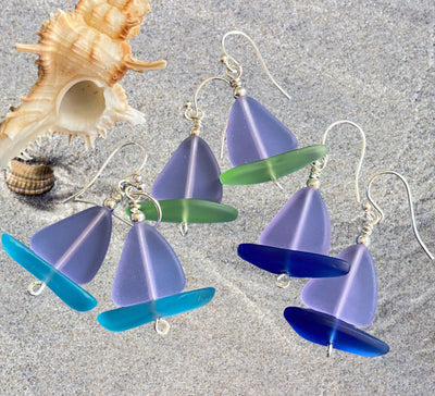 Sailboat Sea Glass Earrings, Periwinkle Sea Glass Earrings Sea Glass Earrings, Beach Wedding, Beach glass Dangle earrings, Sea Glass Jewelry