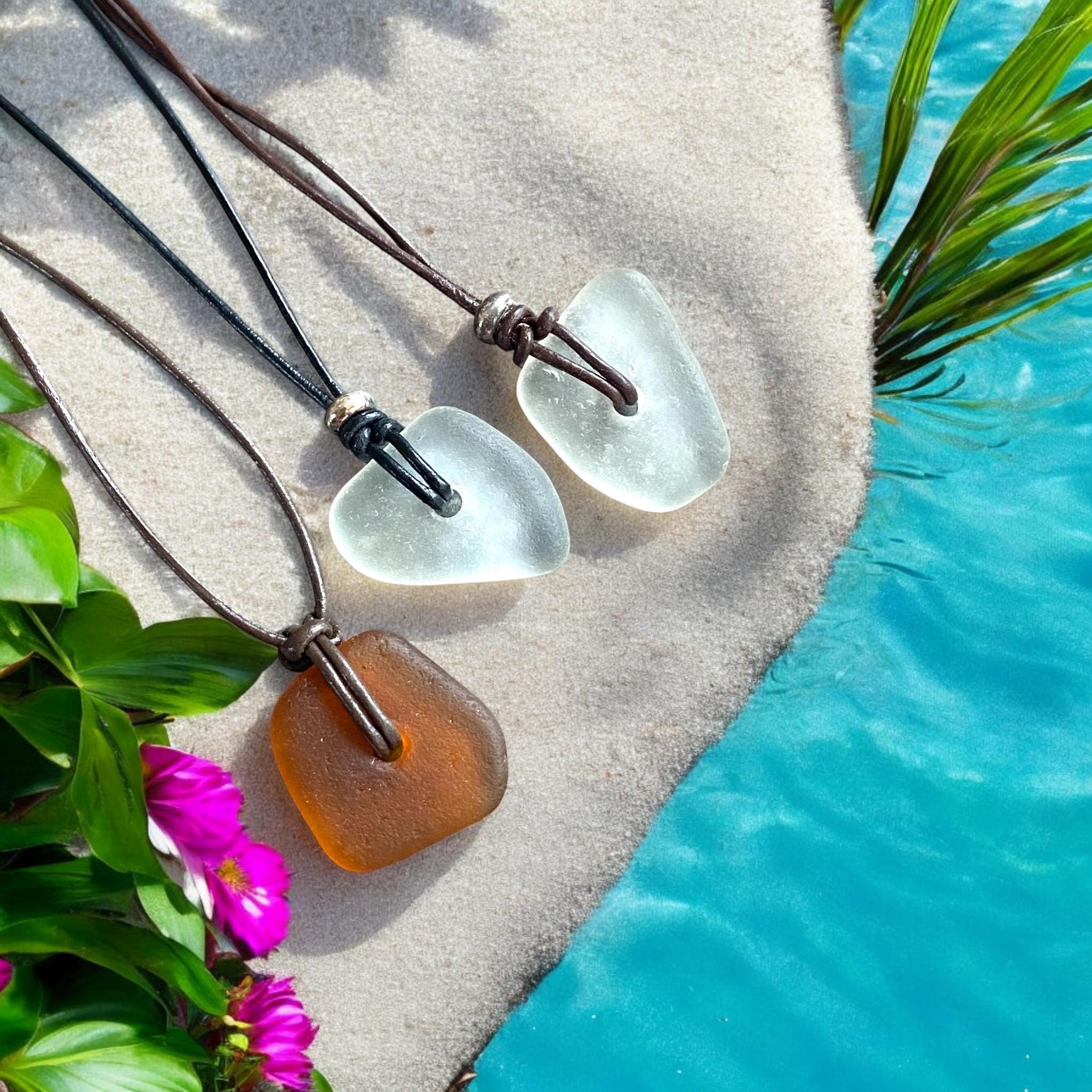 Sea Glass Pendant in Leather & Sterling Silver Beads, Surfer Gifts for Men, Beach Lovers Necklace, Beach Glass Necklace,
