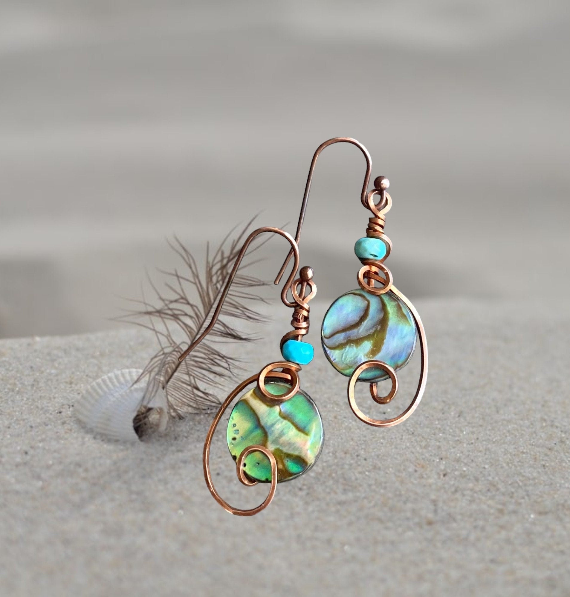 Abalone Earrings, Wire Wrapped Abalone Earrings in Antiqued Copper Wire, Abalone Paua Shell Earring, Abalone Shell Jewelry,