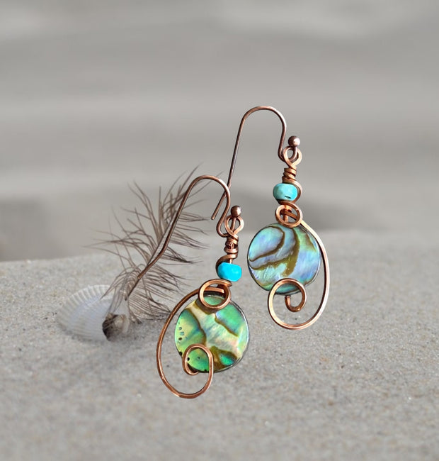 Abalone Earrings, Wire Wrapped Abalone Earrings in Antiqued Copper Wire, Abalone Paua Shell Earring, Abalone Shell Jewelry,