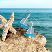 Sailboat Sea Glass Earrings in Sterling Silver, Beach glass Earrings, Ocean-Inspired Crystal White Sea Glass Sailboat Earrings