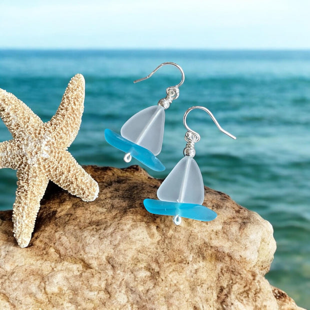 Sailboat Sea Glass Earrings in Sterling Silver, Beach glass Earrings, Ocean-Inspired Crystal White Sea Glass Sailboat Earrings