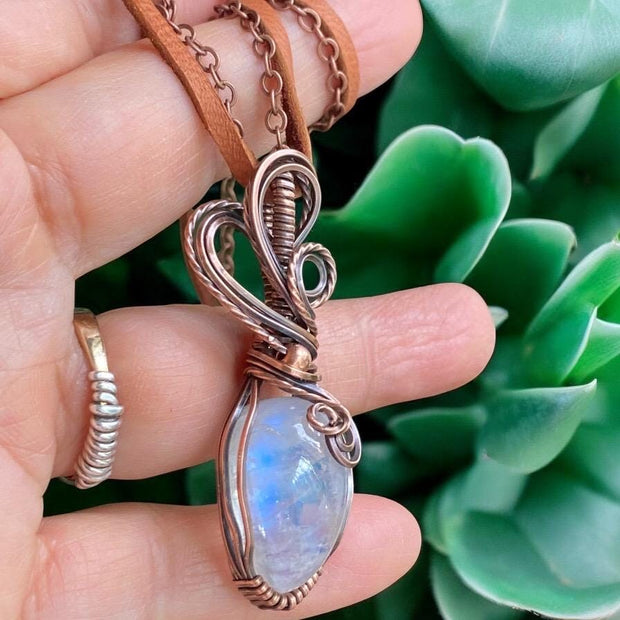 June Birthstone Pendant Necklace, Rainbow Moonstone Necklace,Wire Wrapped Moonstone Jewelry, Antiqued Copper Blue flashMoonstone Jewelry,