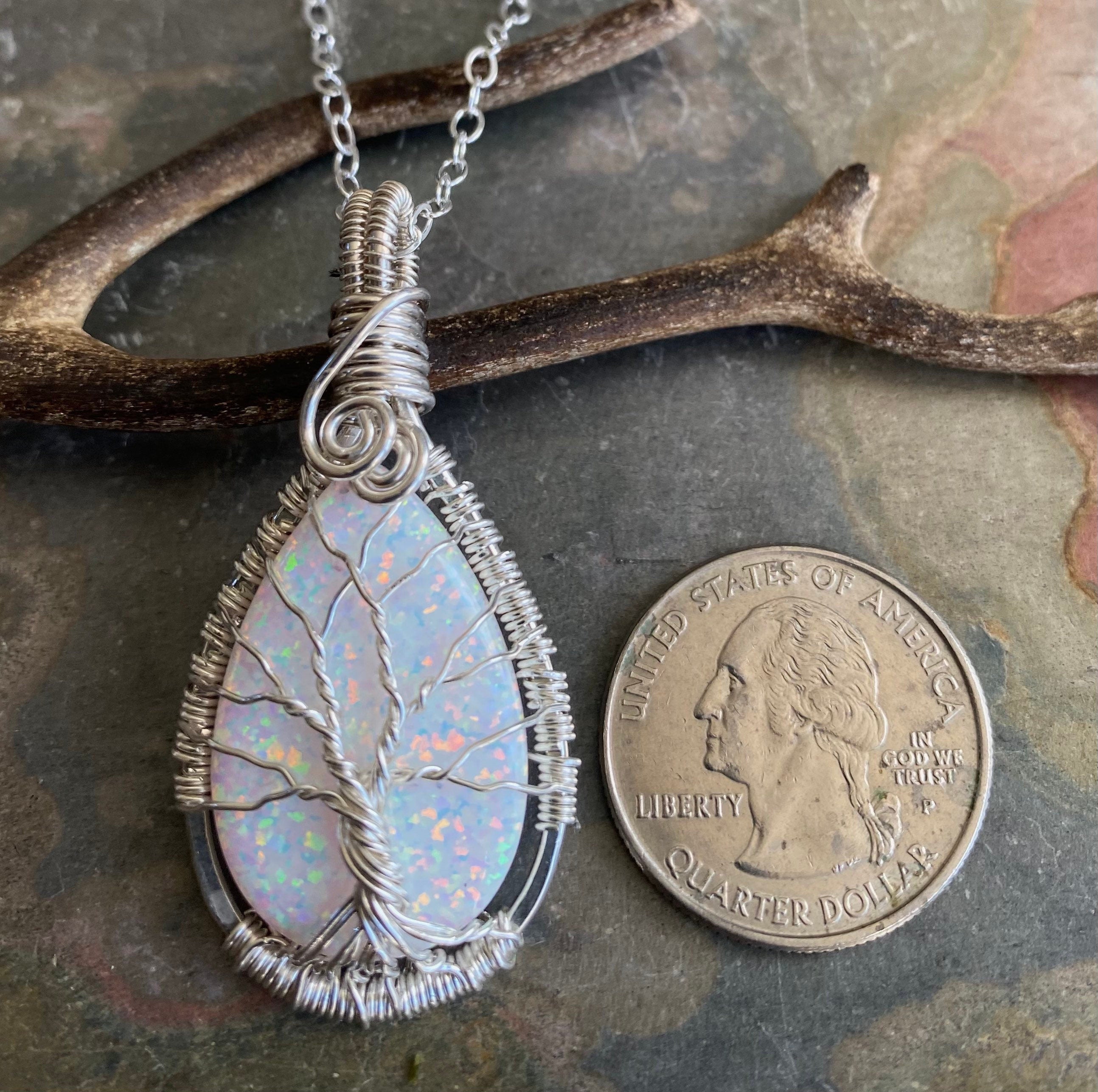 Opal Pendant, Fast READY Ship in 1 to 2 days, STERLING SILVER White Opal Necklace, October Birthstone Necklace, Opal Tree of Life Necklace