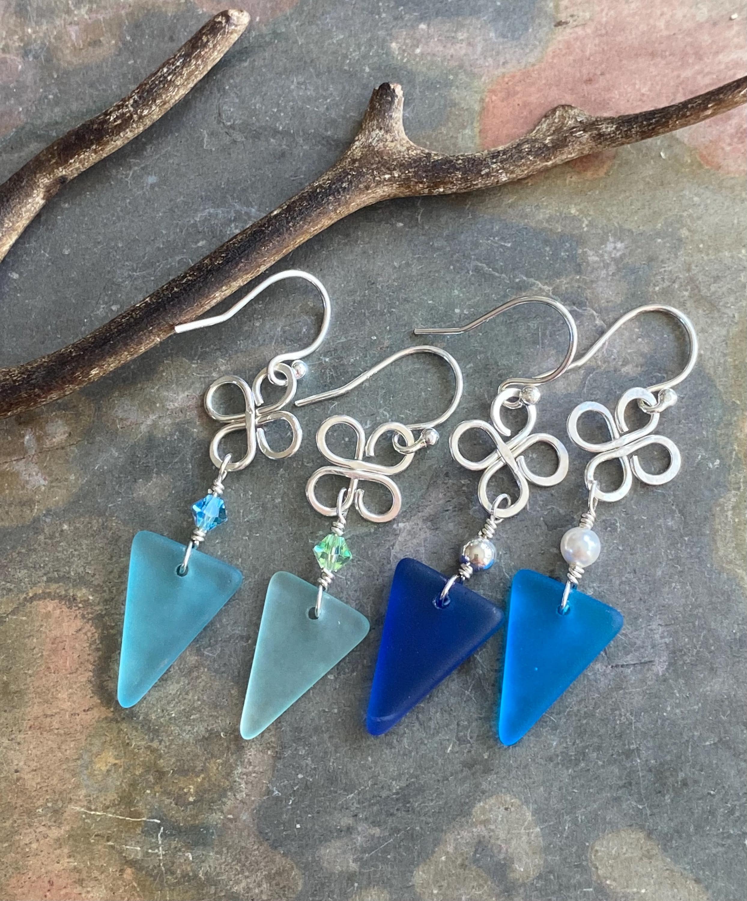 Celtic Inspired Sea Glass Dangling Earrings, Sterling Silver Clover Coastal Style Sea Glass Jewelry, Wired Lucky Charm Sea Glass Earrings