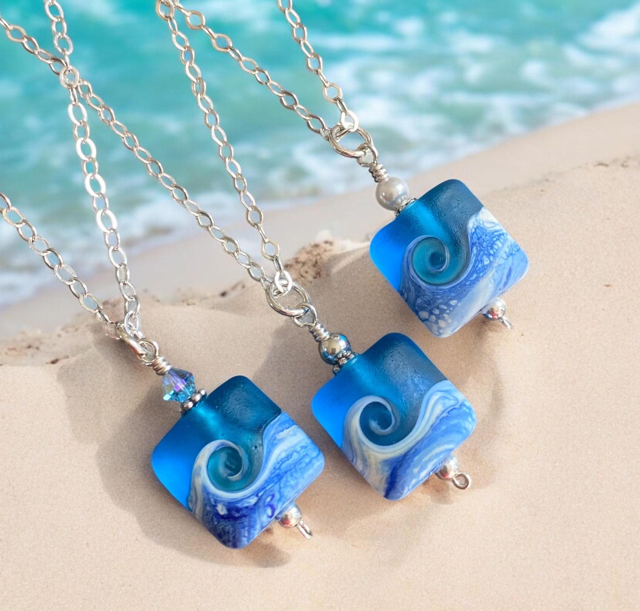 Ocean Beach Wave Necklace, Blue Beach Wave Necklace,Ocean Wave Lampwork Pendant, Beach Wave Jewelry, Blue Sea Glass Necklace sterling silver