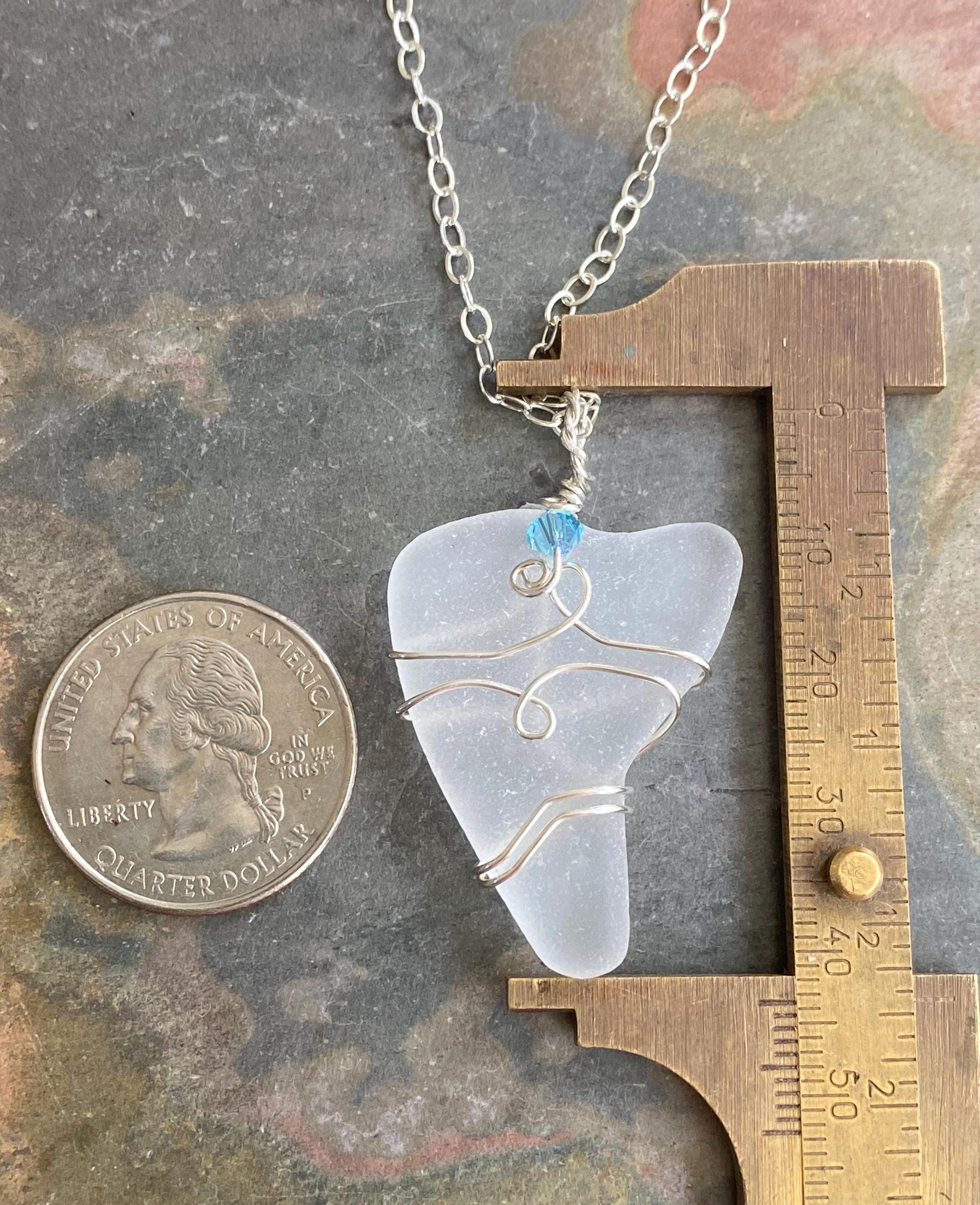 Genuine White Beach Glass Necklace, Wire Wrapped Naturally Tumbled Sea Glass Necklace, White Sea Glass Pendant Necklace in Sterling Silver
