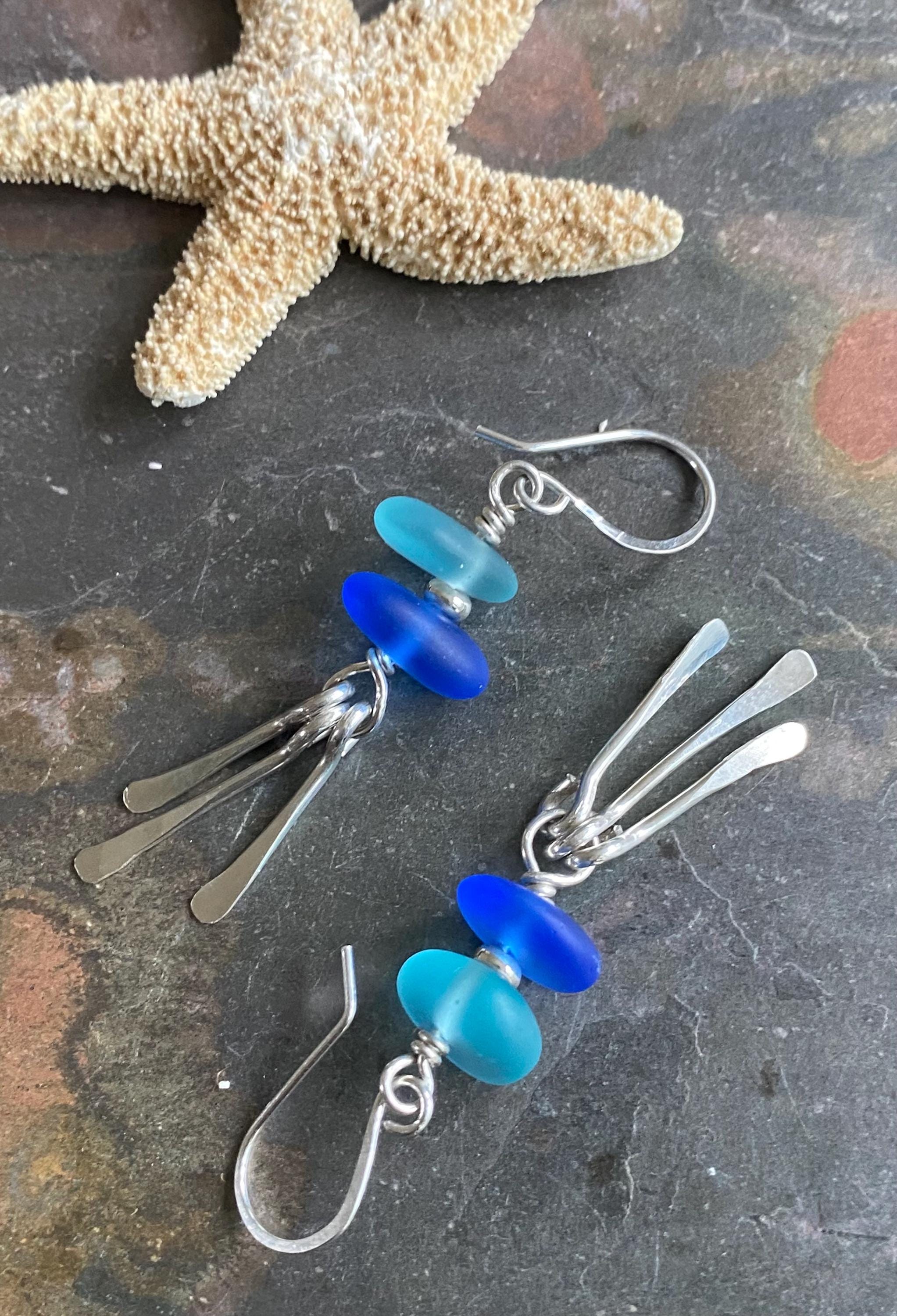 Blue Sea Glass Earrings, Beach Glass Dangling Earrings with Paddle shape Charms, .925 Sterling Silver Earrings, Beach Glass Jewelry for Her