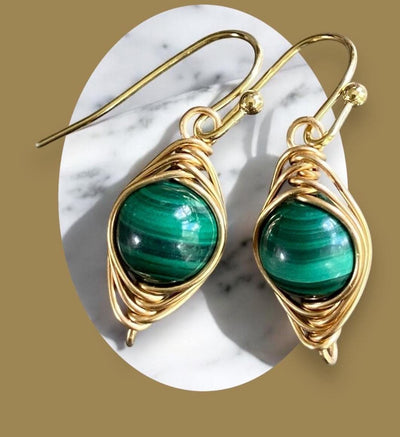 May Birthstone Malachite Earrings in Gold, Hand Wire Wrapped Malachite Dangling Earrings in Natural Copper, Green Malachite Gold Jewelry,