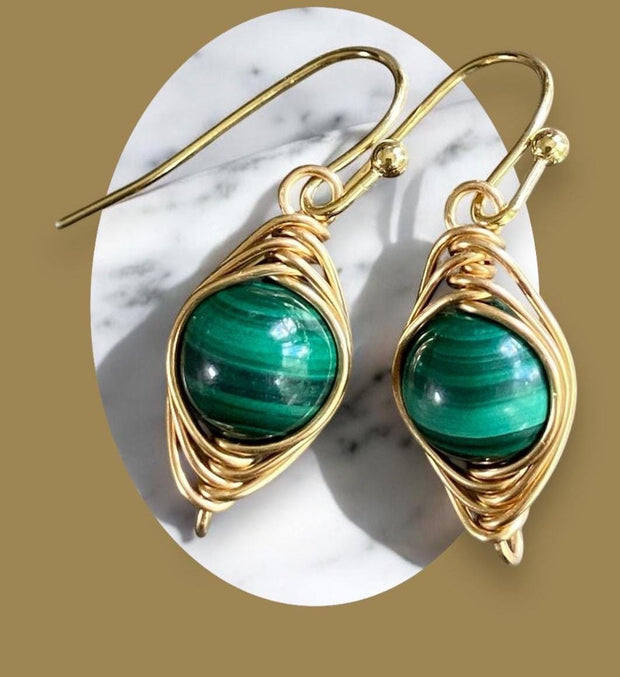 May Birthstone Malachite Earrings in Gold, Hand Wire Wrapped Malachite Dangling Earrings in Natural Copper, Green Malachite Gold Jewelry,