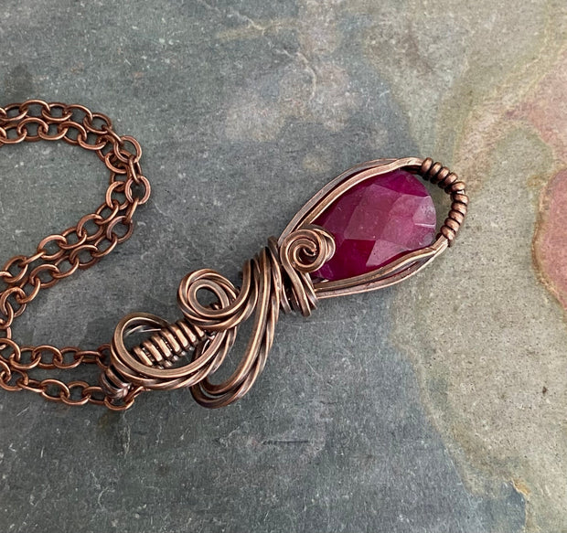 Ruby Copper Pendant Wire Wrapped Gemstone Necklace & Earrings Boho Style  Jewelry, Wire Design Natural Ruby Stone July Birthstone Gift Idea