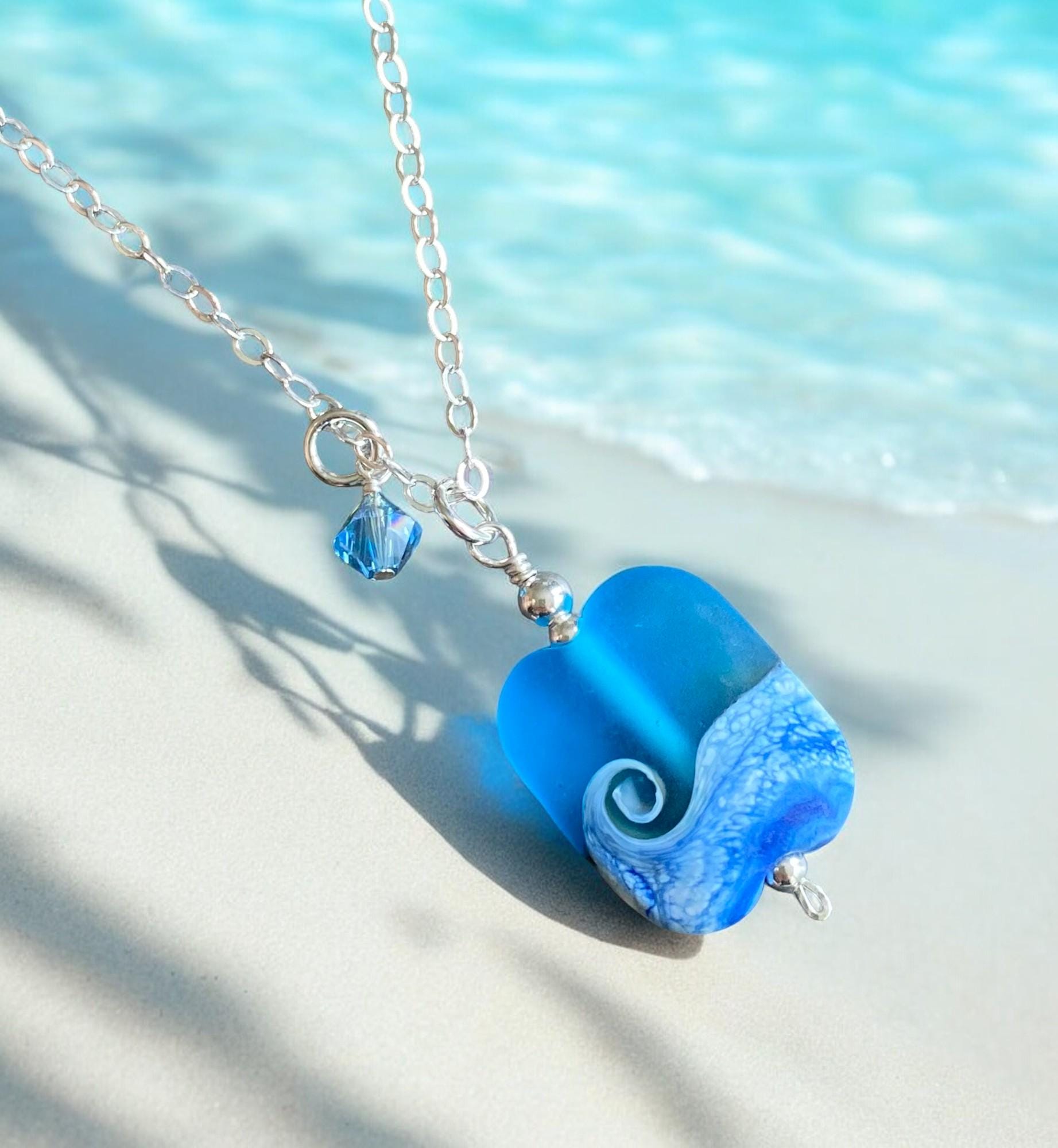 Sterling Silver Ocean Wave Necklace, Lampwork Glass Ocean Wave Necklace, Blue Beach Wave Necklace, Beach Wave Jewelry , Nautical Jewelry