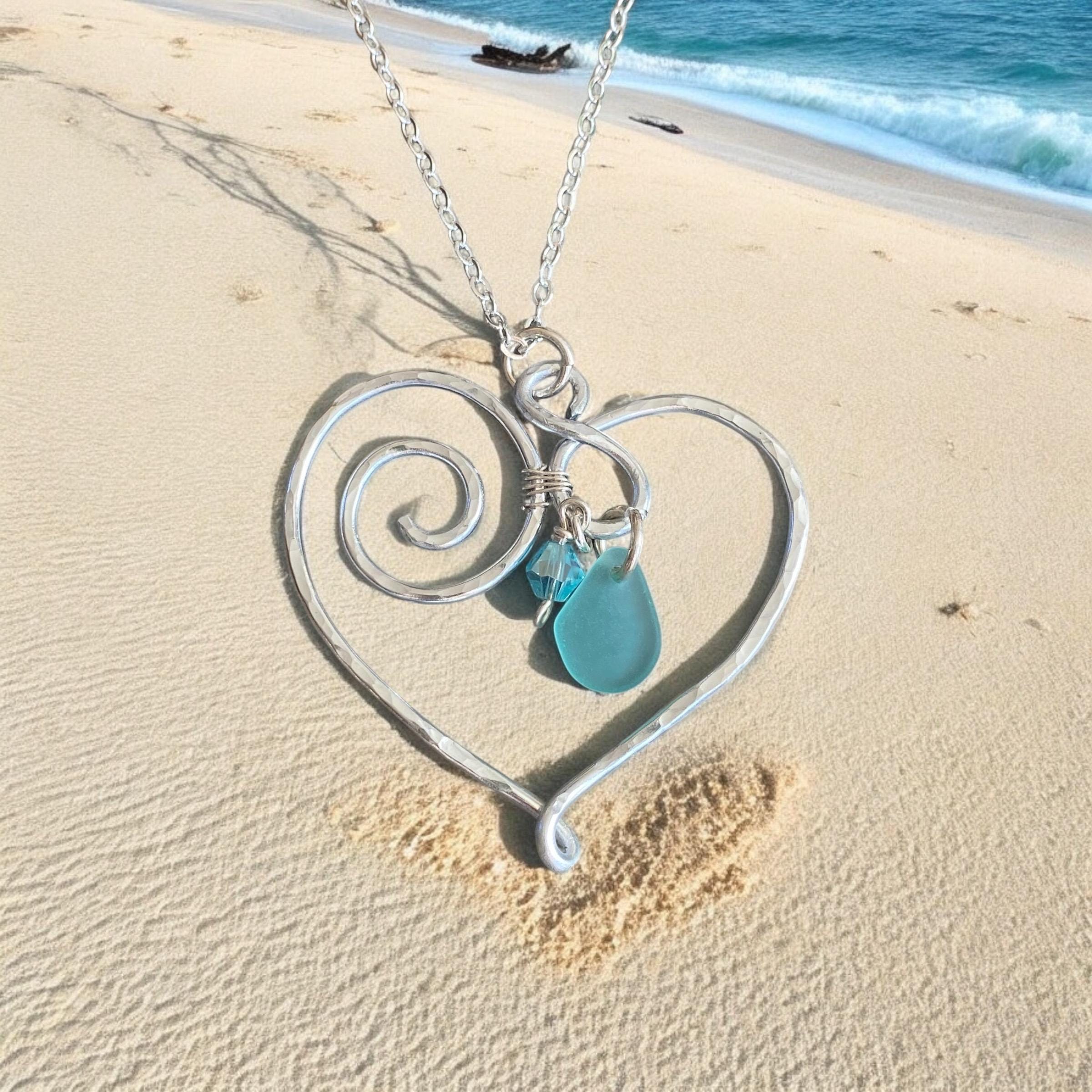 Wire Wrapped Heart Necklace with Sea Glass, Heart Pendant Necklace, Beach Glass Heart Necklace, Love Heart Necklace,Statement Wired Necklace