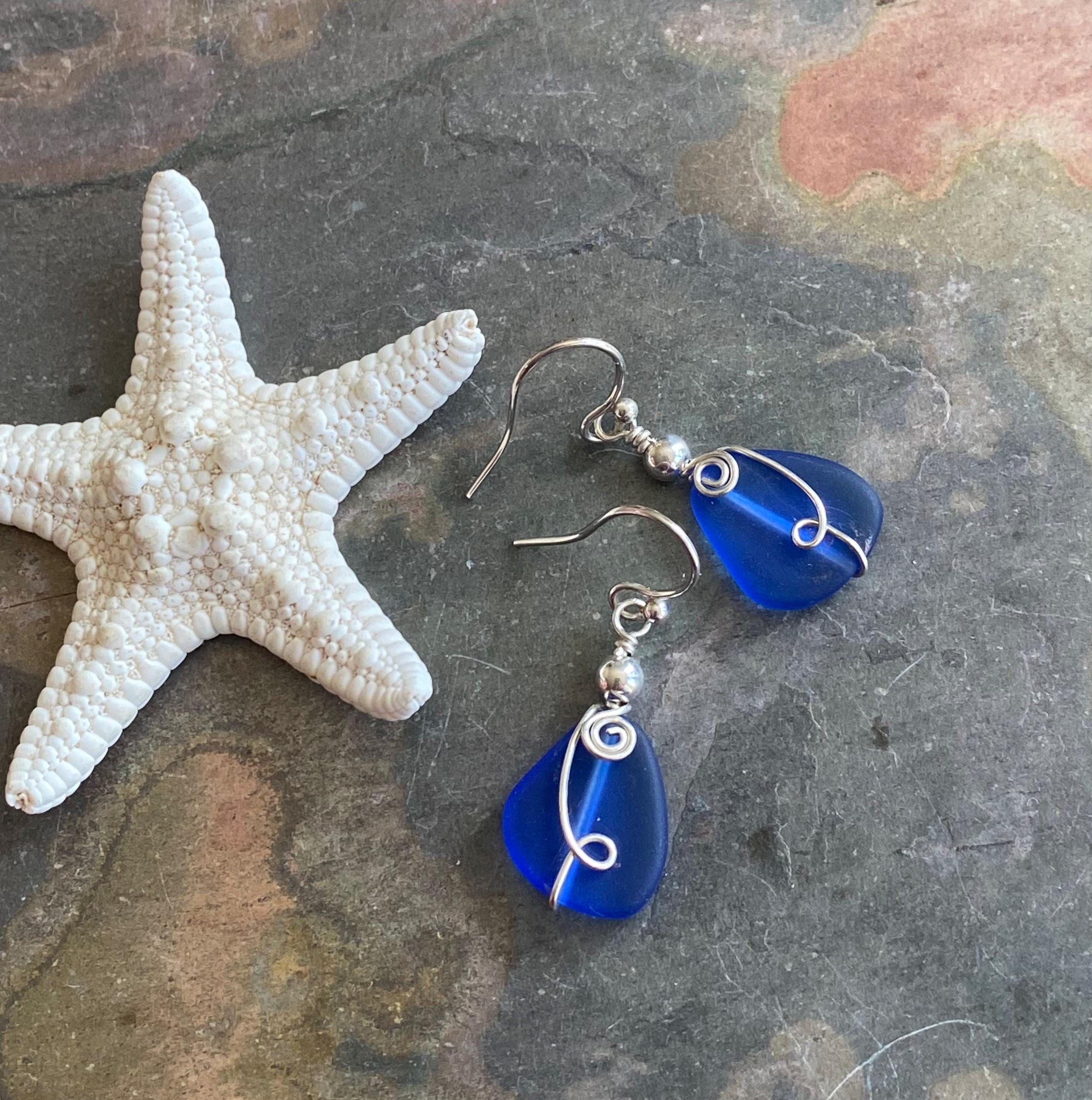 Wire Wrapped handmade Blue Sea Glass Earrings, Blue Sea Glass Earrings in STERLING SILVER, Beach Glass Jewelry, Sea glass Dangling Earrings,