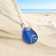 Blue Wave Necklace, Blue Sea Glass Wave necklace, Seaglass Pendant Wave Design Sterling Silver Wire Necklace,Beach Style Ocean Wave Swirl