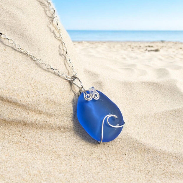 Blue Wave Necklace, Blue Sea Glass Wave necklace, Seaglass Pendant Wave Design Sterling Silver Wire Necklace,Beach Style Ocean Wave Swirl