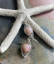 Pink Peruvian Opal Earrings in Sterling Silver/Copper wires, Wire Wrapped Pink Opal Dangling Earrings, Opal Earrings for October Birthday
