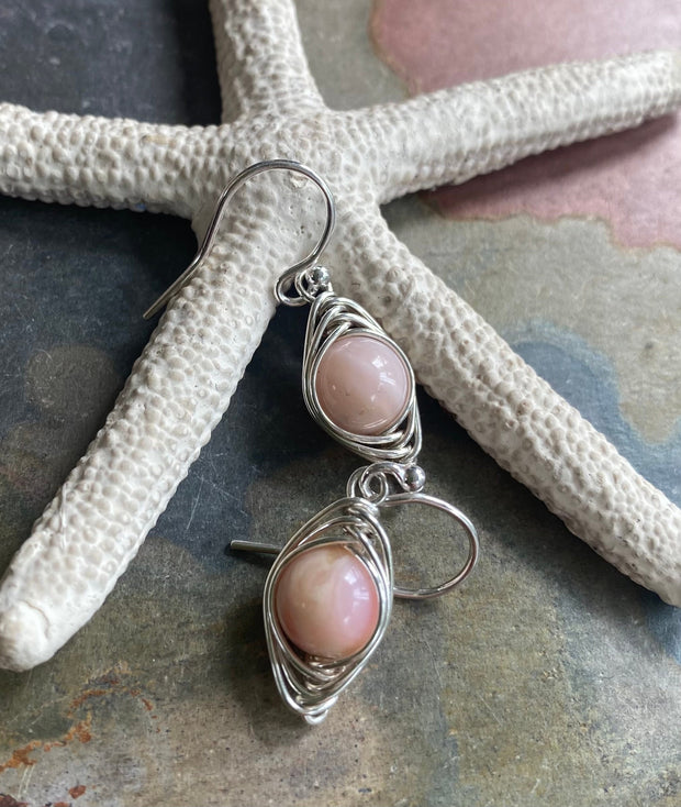 Pink Peruvian Opal Earrings in Sterling Silver/Copper wires, Wire Wrapped Pink Opal Dangling Earrings, Opal Earrings for October Birthday