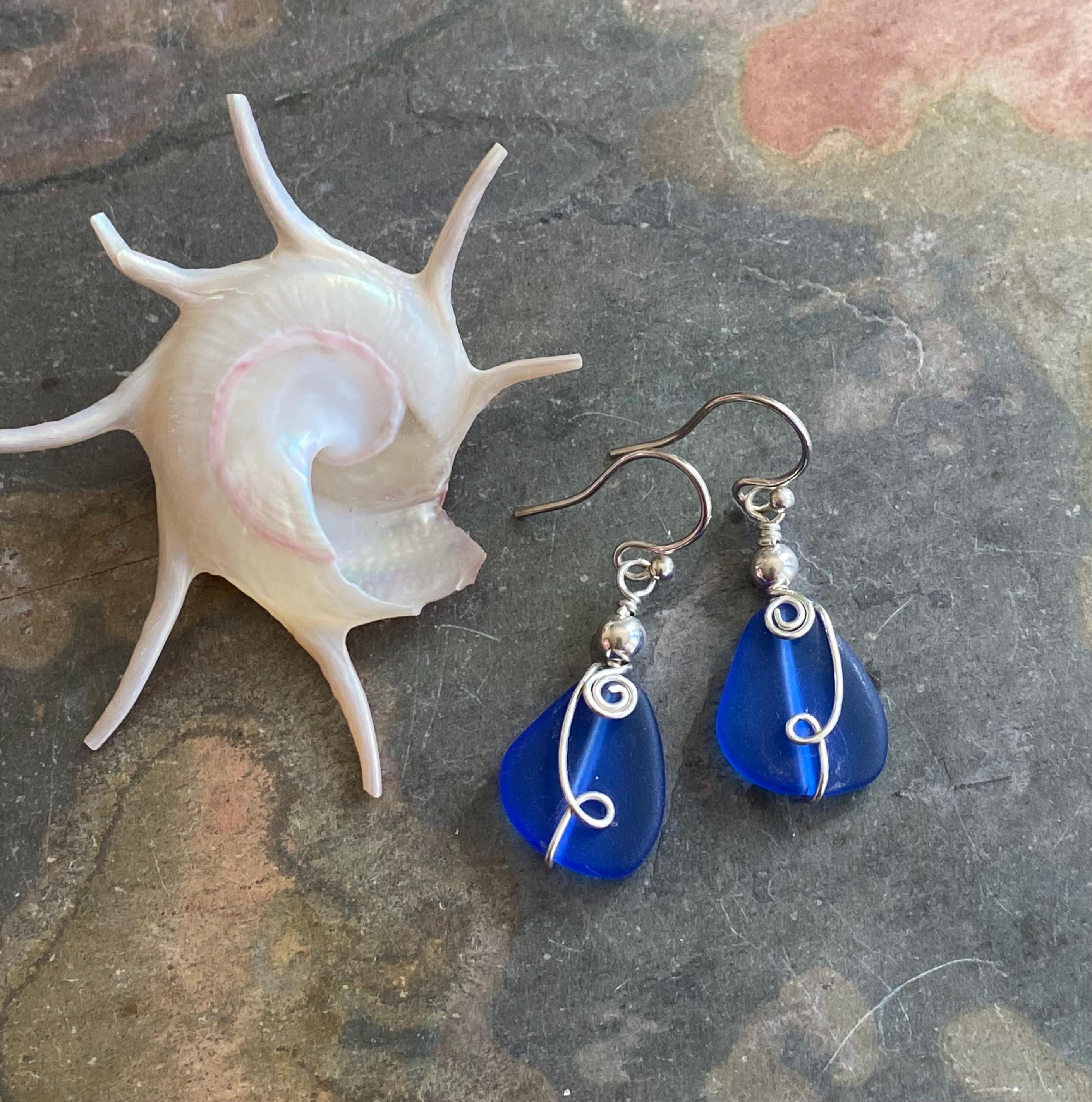 Wire Wrapped handmade Blue Sea Glass Earrings, Blue Sea Glass Earrings in STERLING SILVER, Beach Glass Jewelry, Sea glass Dangling Earrings,