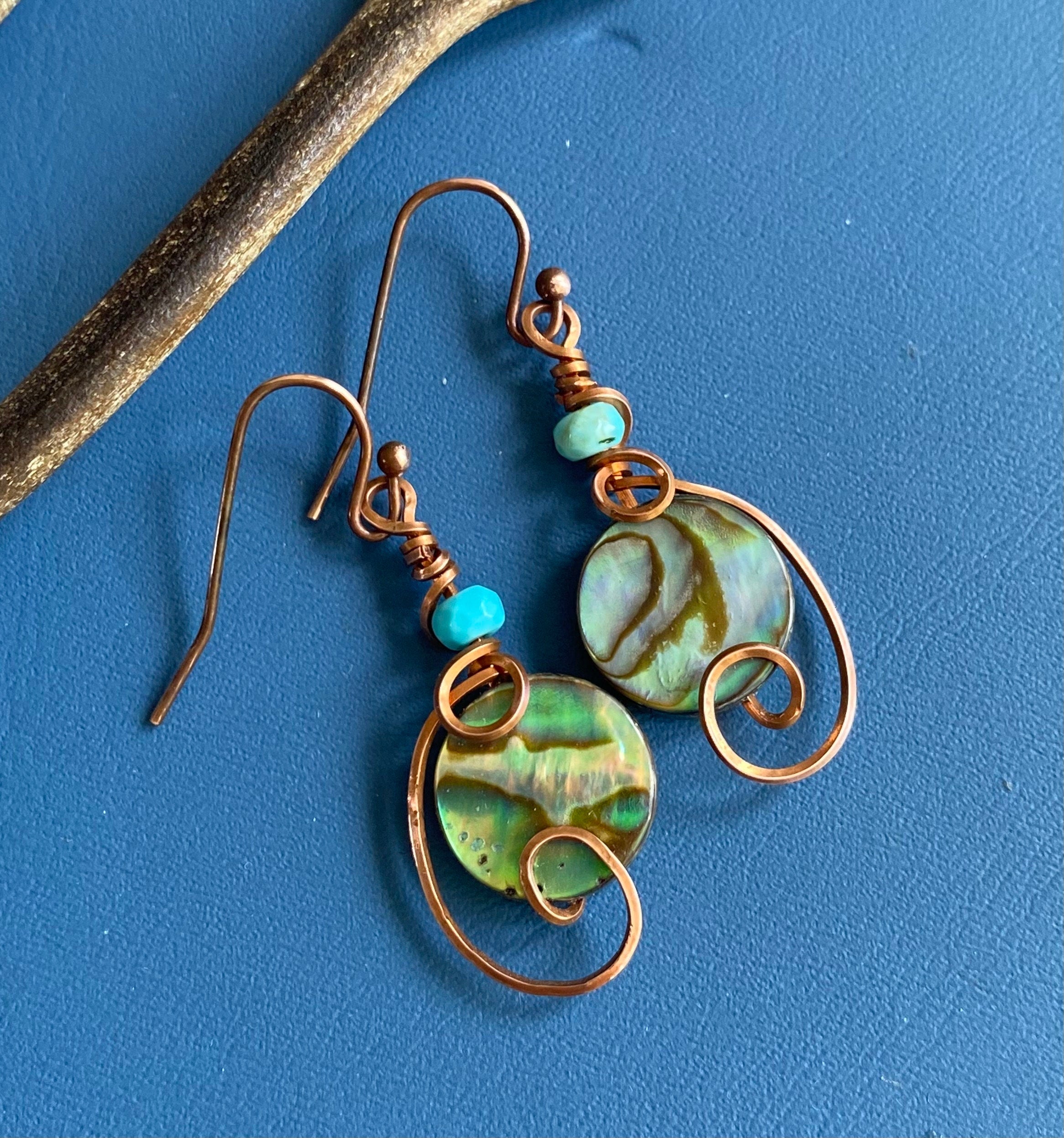 Abalone Earrings, Wire Wrapped Abalone Earrings in Antiqued Copper Wire, Abalone Paua Shell Earring, Abalone Shell Jewelry,