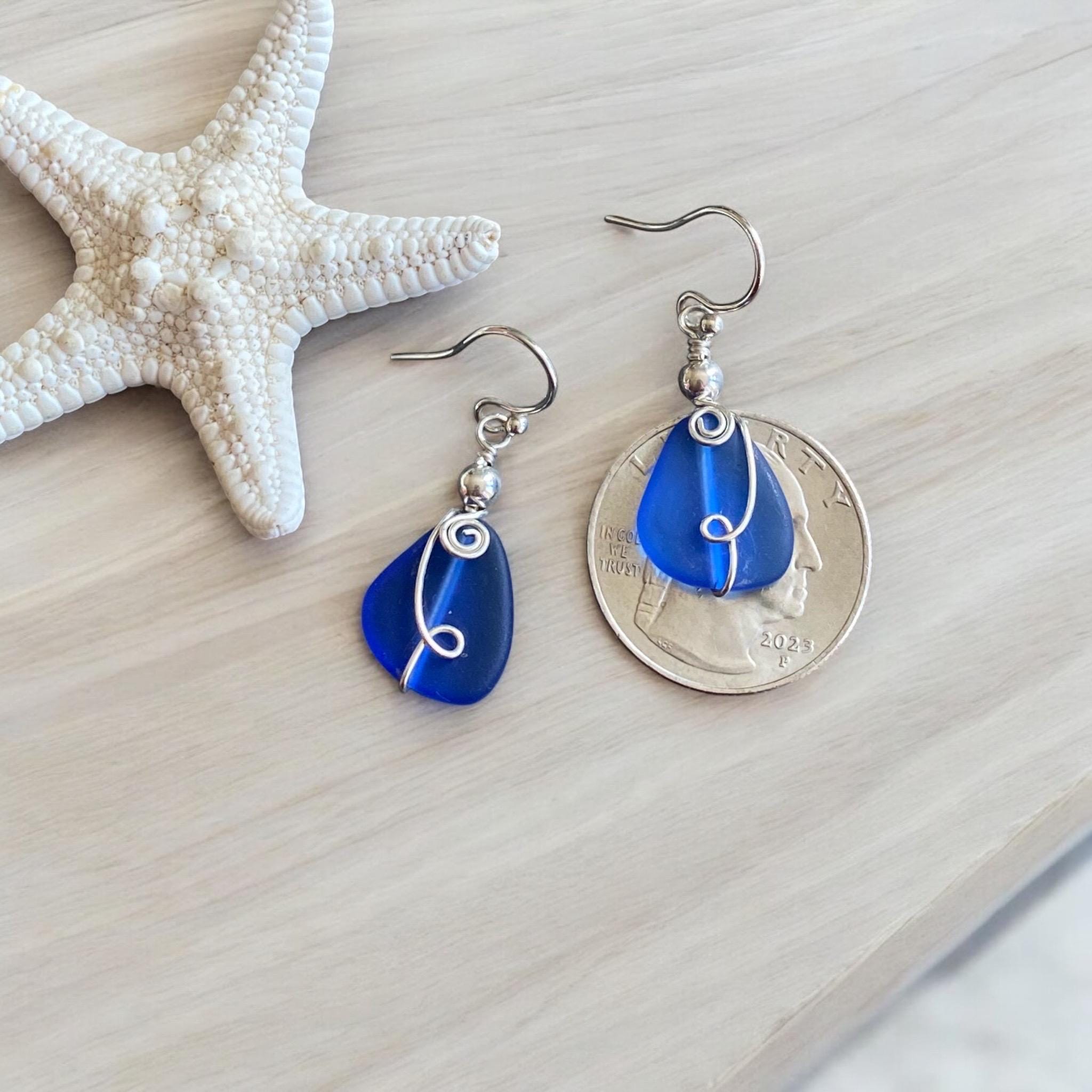 Wire Wrapped handmade Blue Sea Glass Earrings, Blue Sea Glass Earrings in STERLING SILVER, Beach Glass Jewelry, Sea glass Dangling Earrings,