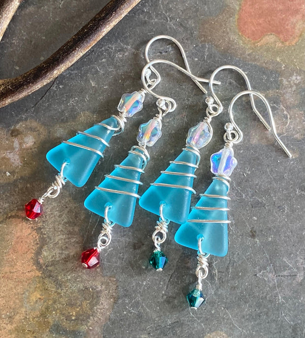 Holiday Dangle Earrings, Ready Ship in ONE day, Sea Glass Christmas Tree Earrings, Beach Glass Christmas Tree Earrings, Sea Glass Jewelry,
