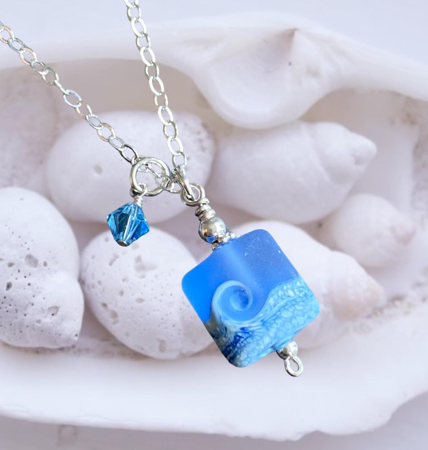 Ocean Beach Wave Necklace, Blue Beach Wave Necklace,Ocean Wave Lampwork Pendant, Beach Wave Jewelry, Blue Sea Glass Necklace sterling silver