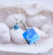 Ocean Beach Wave Necklace, Blue Beach Wave Necklace,Ocean Wave Lampwork Pendant, Beach Wave Jewelry, Blue Sea Glass Necklace sterling silver