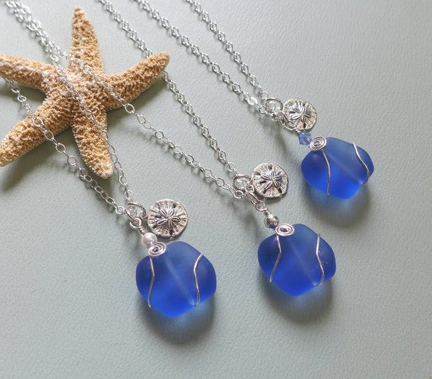 Beach Glass Necklace, Sky Blue Sea Glass Sand Dollar Necklace. Sea themed Charm Necklace, Beach Weddings, Bridesmaid Necklace/jewelry