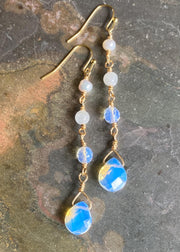 Handmade Moonstone, Pearl & Opalite in Gold Long Dangle Earrings, Elegant Moonstone Long Earrings, June Birthstone Gift for Her