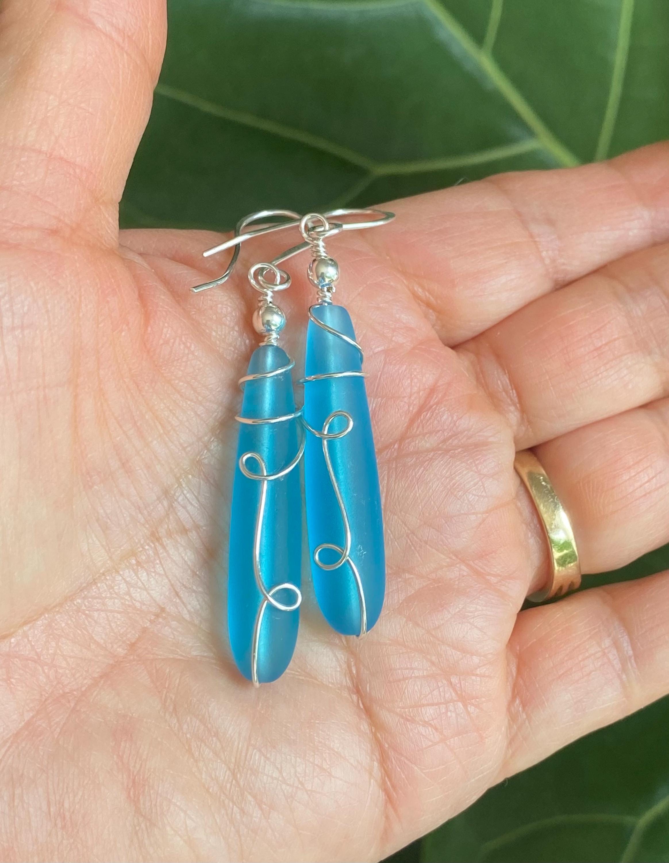 Wire wrapped Long Sea Glass Earrings in Sterling Silver, Pacific Blue Sea Glass Silver Earrings,Beach Weddings,Sea Glass Jewelry,Beach Glass