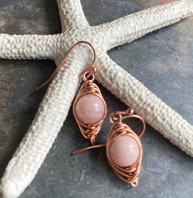 Pink Peruvian Opal Earrings in Sterling Silver/Copper wires, Wire Wrapped Pink Opal Dangling Earrings, Opal Earrings for October Birthday