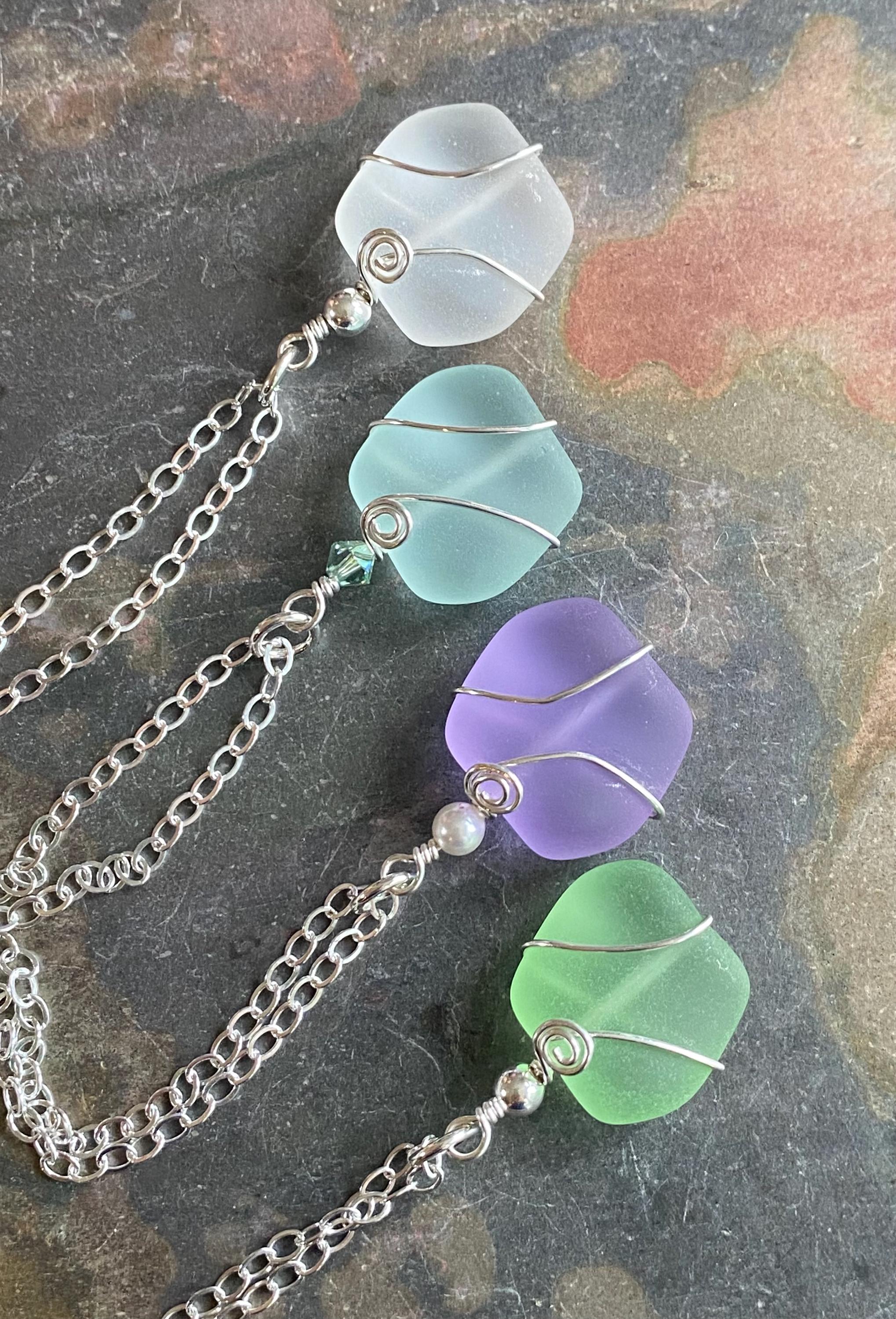Wire Wrapped Sea Glass Necklace in Sterling Silver, Sea Glass Wavey design Blue, Green, Periwinkle Necklace, Ocean inspired Jewelry