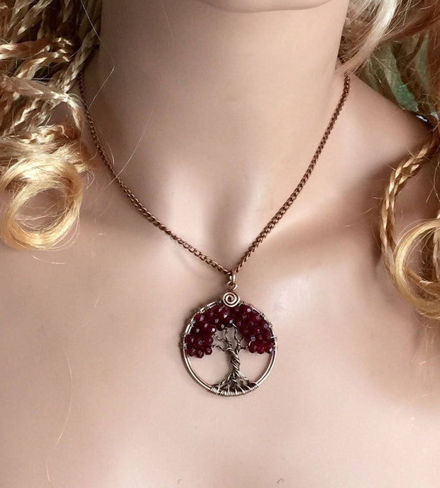 Garnet Necklace,Garnet tree of Life Necklace Antiqued Copper, Wire Wrapped   RHODOLITE GARNET Tree of Life, January Birthstone Tree of Life