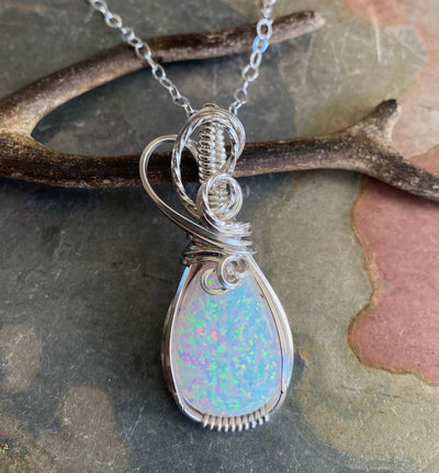 White Opal Necklace, STERLING SILVER October Opal Birthstone Necklace,Wire Wrapped Opal Necklace ,Lab Created White Opal Necklace,