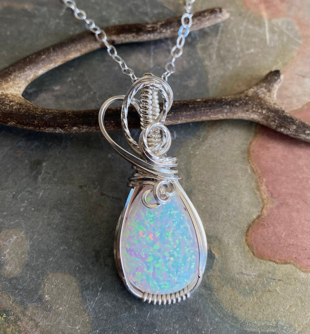 White Opal Necklace, STERLING SILVER October Opal Birthstone Necklace,Wire Wrapped Opal Necklace ,Lab Created White Opal Necklace,