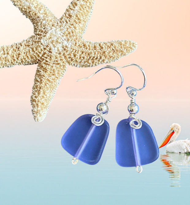 Periwinkle Sea Glass Earrings in STERLING SILVER, Sea Glass Earrings,Beach Weddings, Beach Glass Jewelry, Wired Sea glass Earrings,