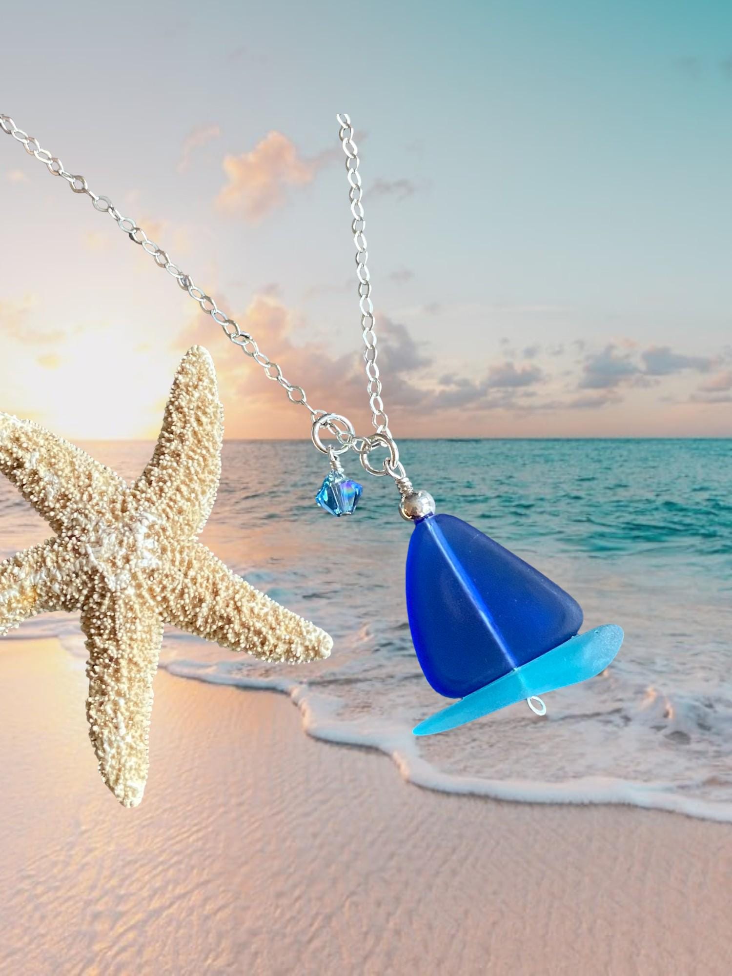 Handmade Sail Boat Blue Sea Glass Necklace in Sterling Silver, Blue Sea Glass Necklace, Beach-inspired blue sea glass Sail Boat Necklace