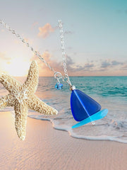 Handmade Sail Boat Blue Sea Glass Necklace in Sterling Silver, Blue Sea Glass Necklace, Beach-inspired blue sea glass Sail Boat Necklace