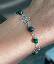 Clover Bracelet Malachite in Sterling Silver, Wire Wrapped Celtic Clover Bracelet,