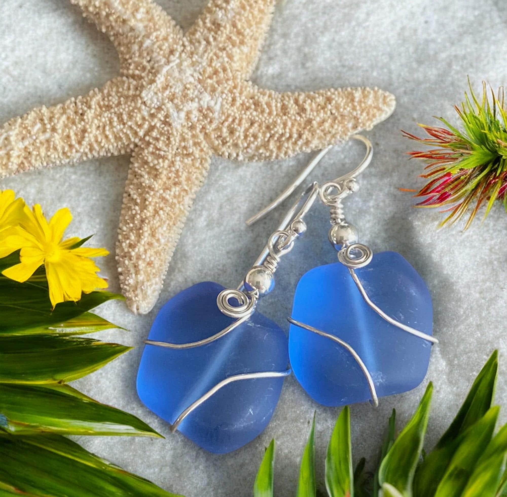 Sterling Silver Blue Sea Glass Earrings,Sky Blue Sea Glass Earrings, Blue Sea Glass Earrings, Beach Jewelry,  Blue  Glass Dangling  Earrings