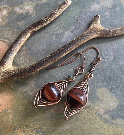 Jasper Earrings, Brecciated Red Jasper dangle earrings in Antiqued Copper Wire, Wire Wrapped Herringbone Jasper dangle earrings