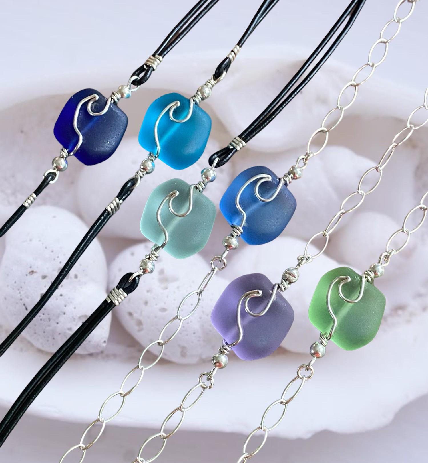 Sterling Silver & Leather Sea Glass Bracelet, Beach Glass Ocean Wave Bracelet, Ocean Wave Bracelet ,Beach Jewelry, Nautical Bracelet,
